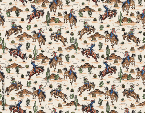 Stylish western Cowboys rodeo  seamless  from wild west rural Landscape mountain farm vector illustration