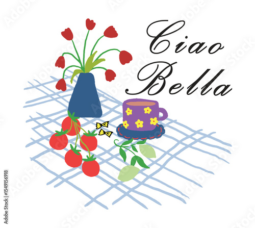 A charming Italian-inspired still life with a cup of tea, tulips, and tomatoes.