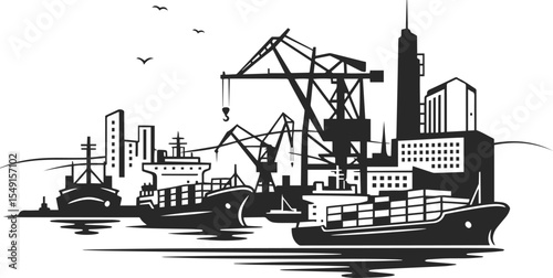 Icon of a seaport where tankers with containers are loaded, icon of a seaport with tankers in the form of a black silhouette.