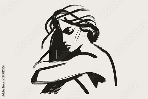 woman portrait brush line minimalist sketch vector illustration