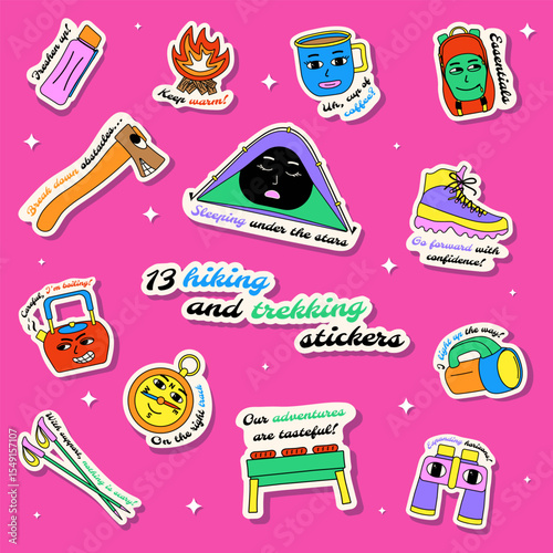 Set of 13 vibrant Y2K-style hiking and trekking stickers in doodle cartoon design. Includes camping gear, fun quotes, and outdoor tools. Perfect for prints, planners, scrapbooking, or apparel.