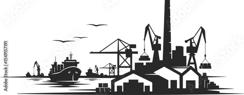 Silhouette of a seaport with a ship and infrastructure to ensure the operation of the seaport..