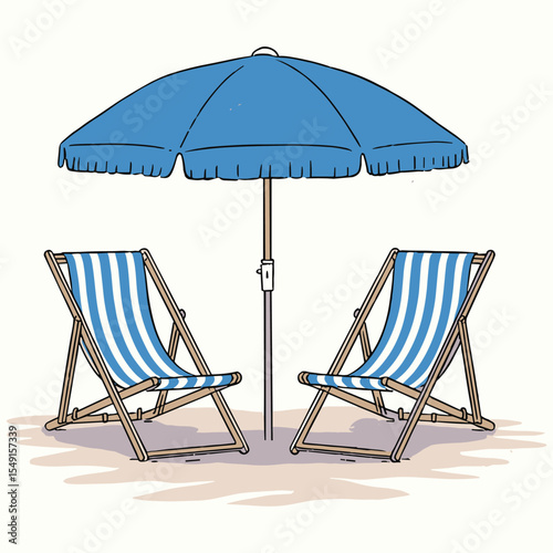 Striped Beach Chairs and Umbrella on Sandy Seaside