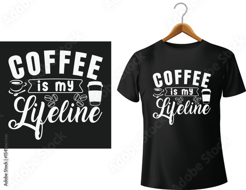 Coffee lover lifeline tshirt design with coffee cup and beans artwork for sale