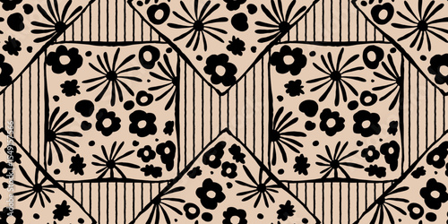 Hand drawn minimal abstract flowers. Seamless patterns with organic shapes black and white color for fabric, textiles, clothing, wallpaper, cover, banner, home decor, florals backgrounds.