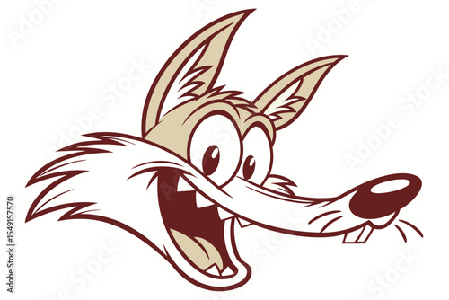 Cartoon coyote head smiles widely with big eyes on the offwhite background