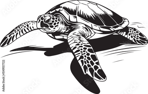 Graceful Sea Turtle Silhouette: A majestic sea turtle gracefully glides through the ocean, rendered in a striking black and white silhouette.
