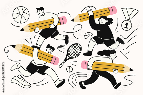 Sports and Physical Activity Doodle Illustration with Giant Pencils