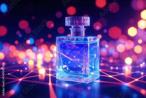 Neon perfume bottle on a reflective surface.