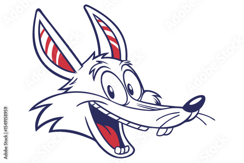 Cartoonstyle fox head cheerfully smiles with open mouth, showing bright red stripes in ears