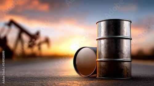 Oil barrels stand near pumpjacks at an industrial oil field. Video for energy, industry, fuel, resources, environment, investment, and technology projects
