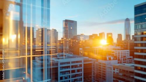 Golden sunlight streams through tall glass windows of office building, reflecting modern city skyscrapers. Video for business, architecture, real estate and investment topics