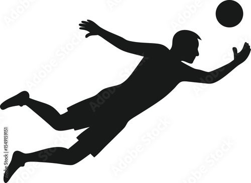 Minimalist black silhouette of a goalkeeper diving to catch a ball in action