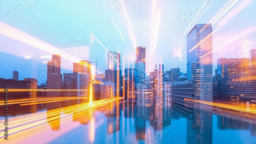 Dynamic city skyline at sunset with tall glass skyscrapers, motion blur light effects, and reflections. Video for technology, business, architecture, urban life, innovation, and modern concept themes