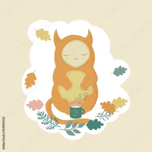 A friendly character monster drinks a cup of tea or coffee with milk. Cozy autumn picnic, drinking tea in the park and enjoying nature. Cute cartoon sticker, printed or web illustration.