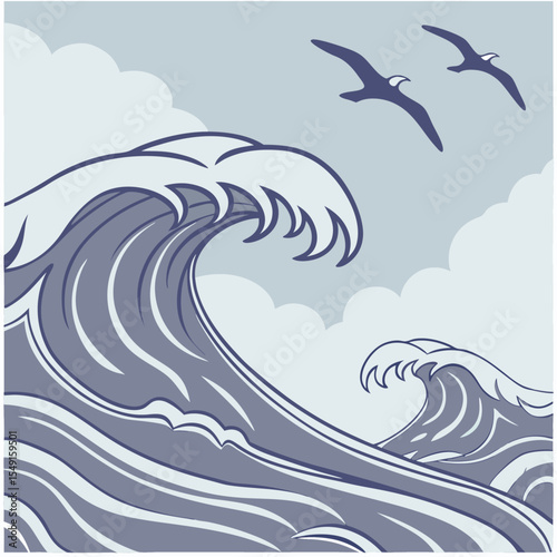 Vector Illustration of a Bird Flying Over the Sea with Minimalist Sky and Ocean Scene

