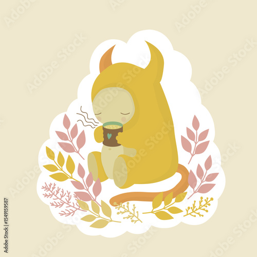 A calm monster spends time drinking a mug of hot tea, milk or coffee. Cozy autumn picnic in the park or in nature among plants and fallen leaves. Friendly character. Cute sticker, print illustration.