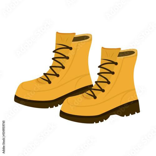 Pair of yellow hiking boots with black soles and laces on white background.