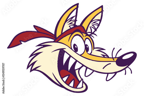 Cartoon coyote sporting a red bandana grins widely revealing teeth in a fun expression
