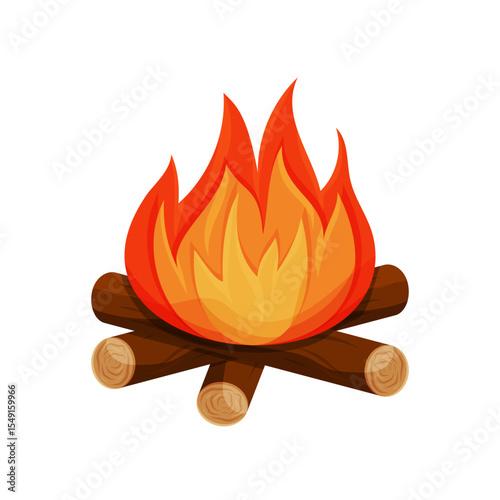 Campfire with bright flames and wooden logs in flat style, camping