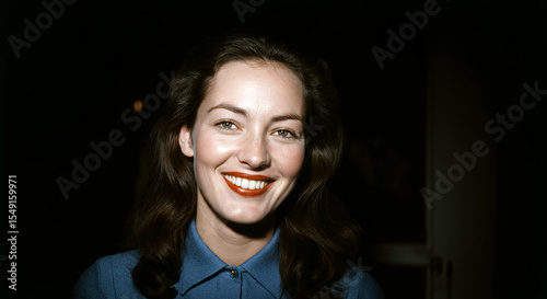 Smiling woman with long dark hair wearing blue shirt, showcasing bright red lipstick, exuding confidence and warmth in a softly lit environment, capturing a joyful moment of expression