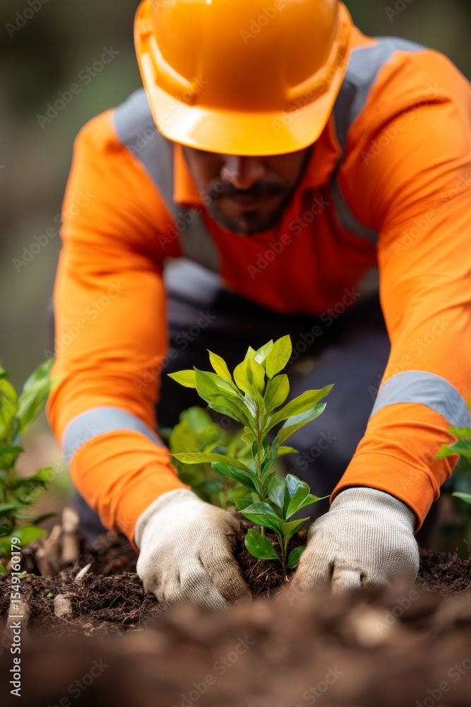 Fototapeta premium A worker in safety gear plants a young green plant in the soil, showcasing dedication to environmental care and cultivation.