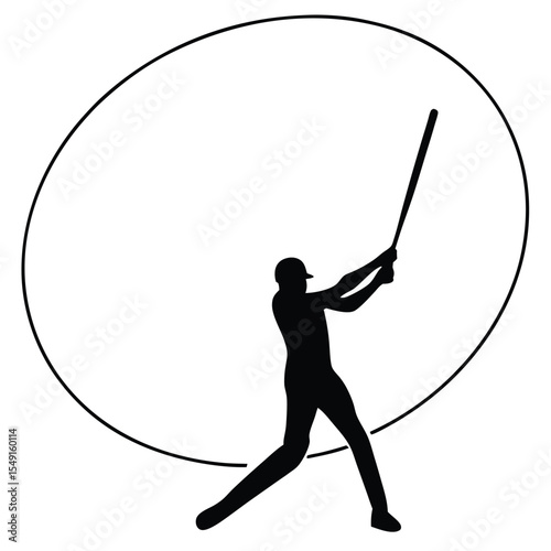 Silhouette of baseball player swinging bat with bold circular element