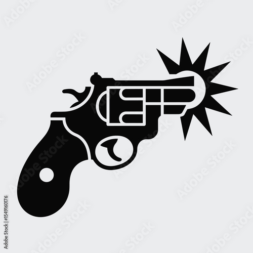 Black and White Revolver Icon with Muzzle Flash – Stylized Gun Illustration