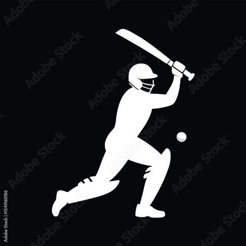 Cricket batsman in action striking the ball with bold white silhouette design