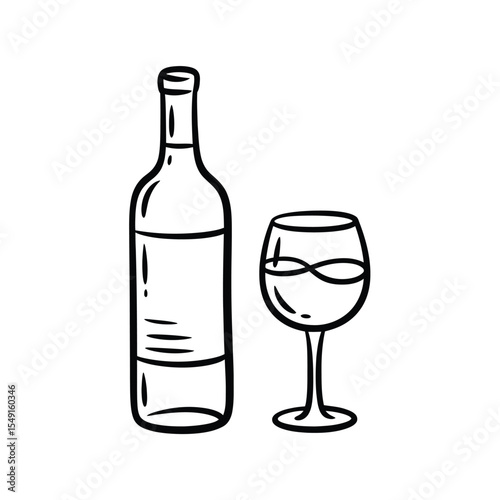 Simple Line Drawing of a Wine Bottle and Wine Glass