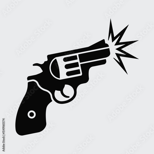 Black and White Revolver Icon with Muzzle Flash – Stylized Gun Illustration
