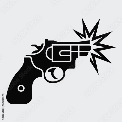 Black and White Revolver Icon with Muzzle Flash – Stylized Gun Illustration