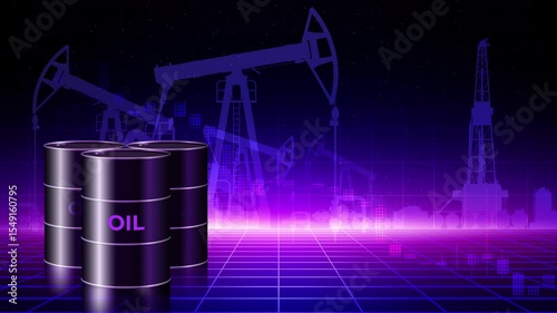 Oil barrels on abstract animated industrial background. Crude oil production, refining industry. Pumpjack. Drilling rig, derrick in dark violet blue space. Copy paste, place for text. Seamless loop