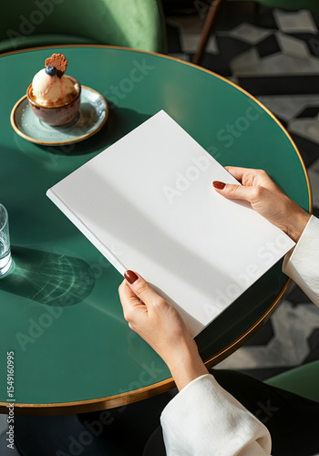 Hands holding a blank white notebook on a green table, with a glass of water and a dessert in the background, creating a cozy cafe atmosphere for creative inspiration