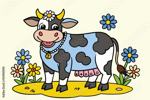 Cartoon cow with daisy and blue spots stands smiling in a flower garden