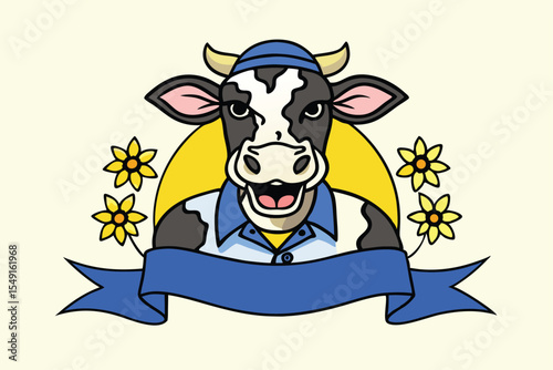 Cartoon cow wearing shirt and blue hat smiles against sunflowers and a banner