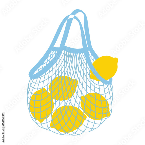 Mesh Bag of Fresh Lemons – Minimalist Citrus Fruit Illustration