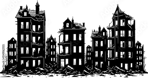 black and white silhouette illustration portrays a row of urban buildings utterly destroyed by war