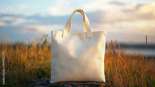 White tote bag placed on a rock in a grassy field during sunset, showcasing its texture and design against a beautiful natural backdrop with soft lighting