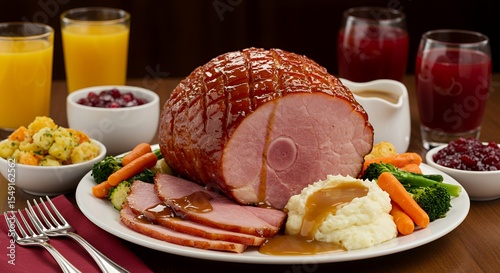 Glazed Ham Feast: A Delicious Holiday Spread of Roasted Ham, Mashed Potatoes, and Festive Sides