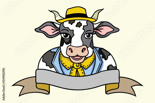 Cartoon Holstein cow wears a yellow hat and holds a blank ribbon for a message