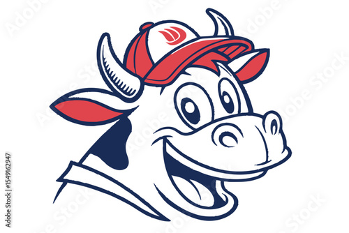 Animated happy cow face wears a stylish red baseball cap with custom graphic