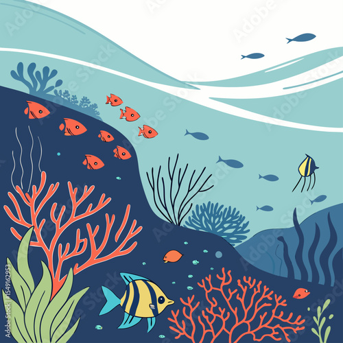 Underwater Ocean Illustration – Colorful Coral Reef and Tropical Fish Vector Design