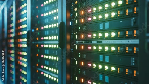 Data center server farm with blinking LED lights, information technology