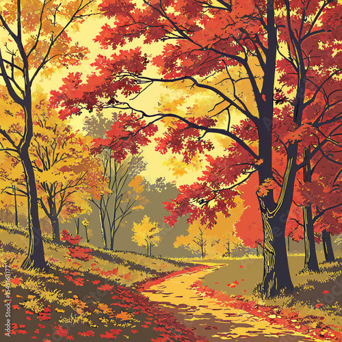 Autumn Forest Path Illustration – Fall Foliage Landscape with Colorful Trees and Leaves