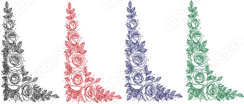 Colorful Grunge Floral Corner Ornament Set – Decorative Vintage Flower Border Vector