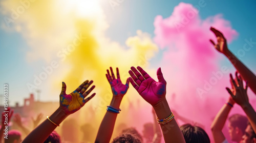Vibrant Holi festival celebration with colorful powder and raised hands in joyful atmosphere