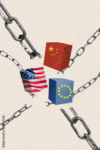Sticker Vertical pop poster sketch art collage of america europe china flag cube metal c