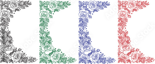 Colorful Grunge Floral Corner Ornament Set – Decorative Vintage Flower Border Vector