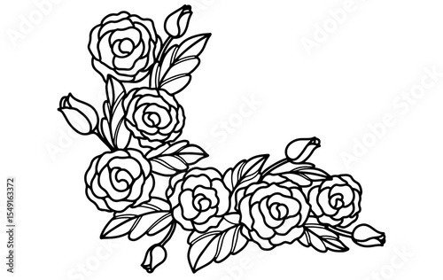 Rose flower corner frame hand drawn vector black and white. editable, tattoo image, wedding ornament, floral frame